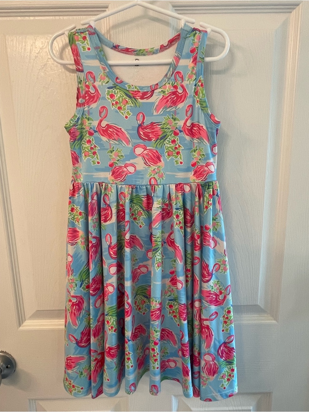Girls' Blue Tank Dress with Pink Flamingo Print